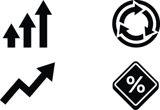 Financial Growth and Business Market Analytics Icon Set with Rising Bars Upward Trend Arrow Circular Loop Process and Percentage Sale Discount Symbols