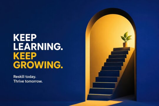 Keep learning keep growing staircase to success concept