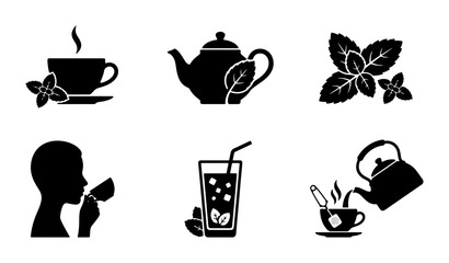 Tea Icons Set: Hot Beverage, Mint Leaves, Person Drinking, Refreshing Drink © Halima