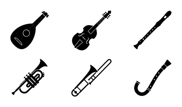 Musical Instruments Icons, Vector Set: Strings, Brass, Woodwind