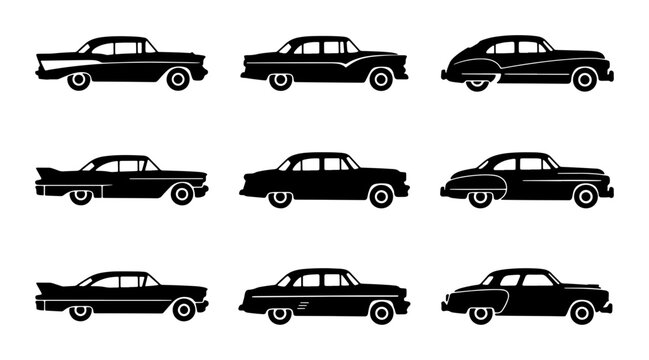 Retro Car Silhouettes Collection, Vintage Automobile Icons, Classic Vehicle Set