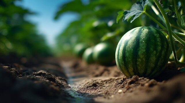 Watermelons ripening on vines in sunny agricultural field with watermelon agriculture plantation
