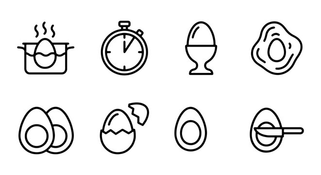 Egg Cooking Icons: Boiling, Timer, Serving, Fried, Halved, Cracked, Sliced