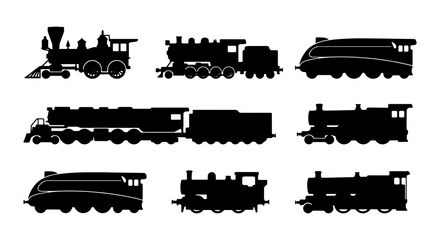 Vintage Train Silhouettes Collection, Retro Locomotive Icons, Classic Steam Engine Vector Set © Shahriar