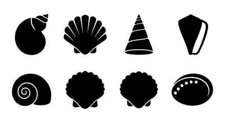 Set of 8 Black Seashell Icons, Marine Life Vector Graphics © Shahriar