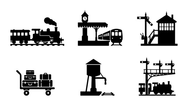 Vintage Train Station Icons Set, Railway Transport Silhouette Collection