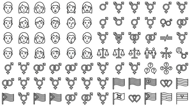 Comprehensive Collection of Minimalist Thin Line Icon Representing Diverse Gender Identity Sexual Orientation Equality Symbol and Human Right Concept in Clean Graphic Vector Design