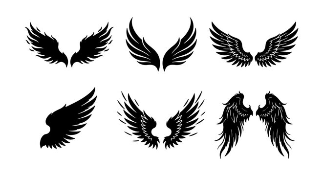 Black Angel Wings Vector Set, Gothic Feathered Wings Collection, Tattoo Design Elements