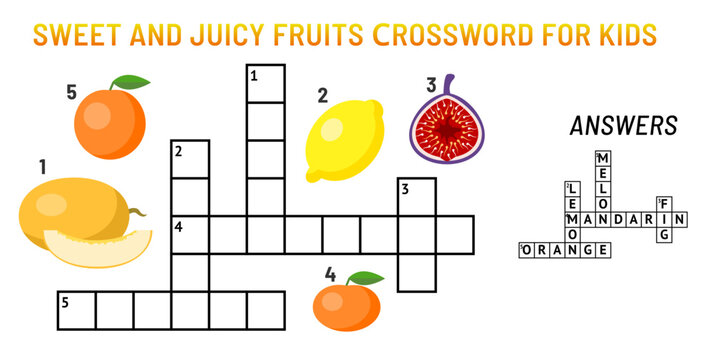 Sweet and juicy fruits crossword for kids activity book with bright illustrations and answers	