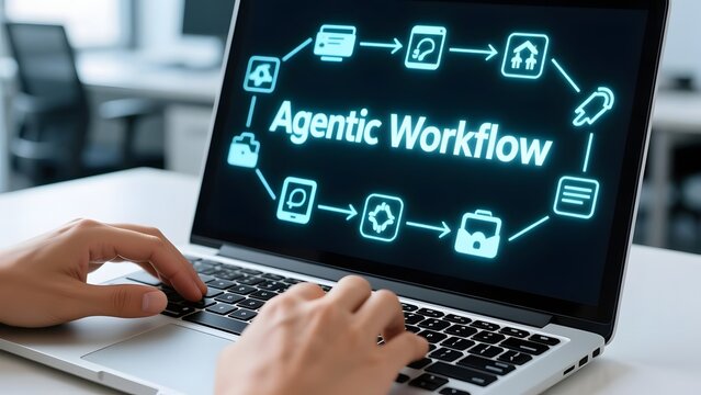 Agentic Workflow automation concept on laptop screen, artificial intelligence process diagram, person typing on keyboard in modern office setting