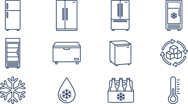 Refrigerator and Freezer Appliance Icon Set with Side by Side Fridge Ice Maker Snowflake and Temperature Thermometer Outline Symbols for Kitchen Electronics