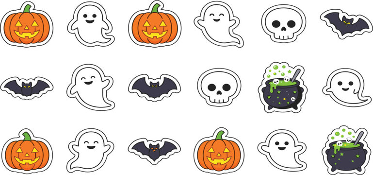 Halloween cute sticker set with friendly ghosts pumpkins bats skulls and bubbling witch cauldrons vector