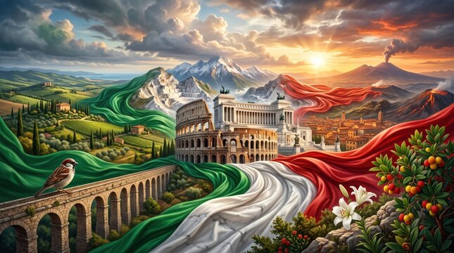 A creative collage of iconic Italian landmarks, Colosseum and the Altare della Patria in Rome with Italian flag.