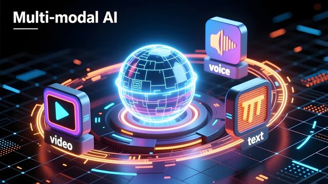 Multi-modal AI technology concept, futuristic digital globe with video voice and text icons, artificial intelligence data processing visualization
