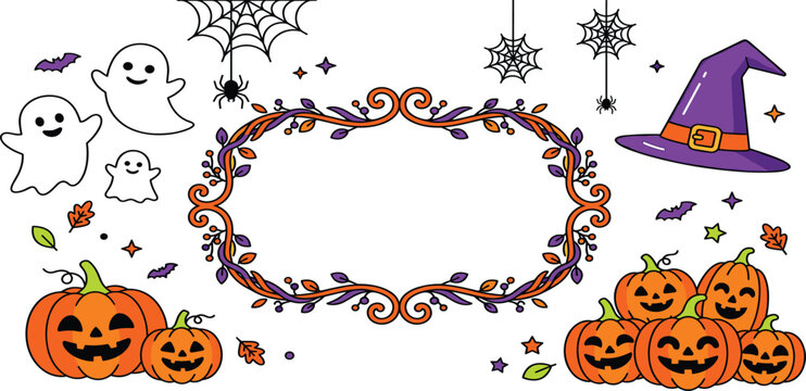 Halloween decorative frame border set with spooky ghosts pumpkins witch hat and spider webs