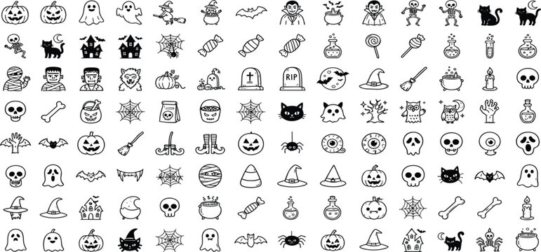 Halloween line art black outline icon mega set with cute pumpkins monsters ghosts and spooky elements vector