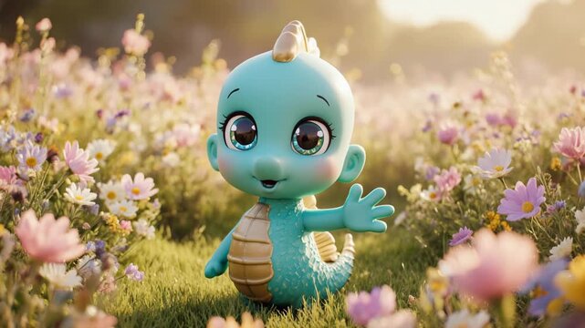 Whimsical blue alien character sitting in vibrant flower field creature cute