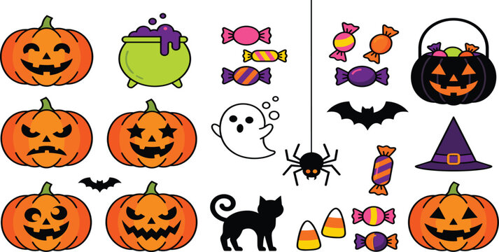 Halloween spooky sticker collection featuring cute pumpkins ghost candy corn cat and witch hat icons