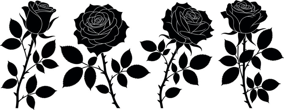 Black rose silhouettes vector illustration collection, beautiful flower stems with thorns and leaves clip art set