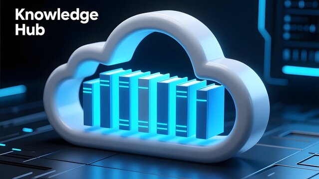 Knowledge Hub digital library concept, glowing cloud storage icon with books, futuristic online education and cloud computing database technology