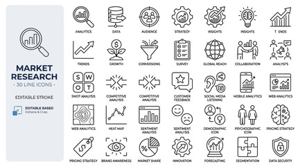 Naklejka premium Professional Market Research Icon Set Featuring Analytics Chart Data Visualization Audience Strategy Business Insight Trend Corporate Growth Vector Graphics Design Elements