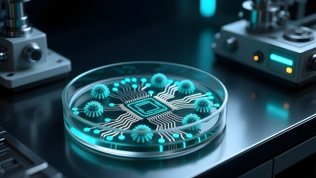 Futuristic biotechnology microchip in petri dish, glowing blue nanotechnology circuit in laboratory setting, synthetic biology and bioengineering concept