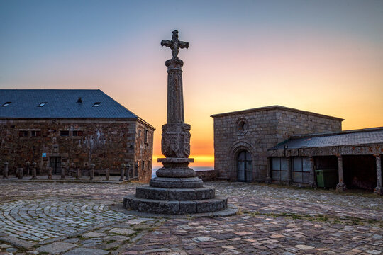 Jurisdictional pillar at the Sanctuary of Pe&ntilde;a de Francia, Salamanca, Spain, at dawn.