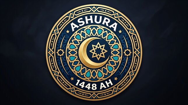 Circular badge-style vector, geometric Islamic ornament and crescent, text &ldquo;Ashura 1448 AH&rdquo;