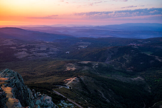 Spectacular sunrise over the Las Batuecas-Sierra de Francia Natural Park, viewed from Pe&ntilde;a de Francia, Salamanca, Spain.