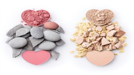 Naklejka premium Heart-shaped makeup powders and stones for beauty and skincare use
