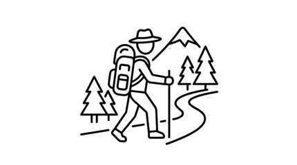 Obraz premium Minimalist Thin Line Vector Icon of a Hiking Adventure Symbol Featuring Mountain Peaks and Trekking Gear for Outdoor Exploration with Editable Stroke Illustration Design Element.