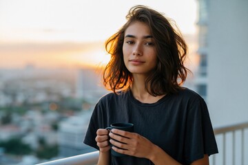 Fototapeta premium Young woman with a cup on a balcony at sunset for lifestyle background and evening routine banner with warm city skyline glow