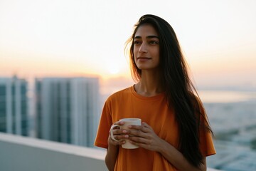 Fototapeta premium Young woman on rooftop balcony holding coffee mug with sunset glow and city skyline for serene lifestyle background and mindfulness morning design