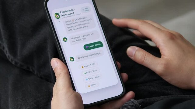 AI realtor chatbot guiding a home buyer through property selection. User chooses a luxury condo, sets a budget, and selects a preferred location. Perfect for PropTech apps, AI assistants, and real est