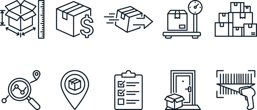 Package delivery service, shipping and logistics line icons. box measurements and weight scale.