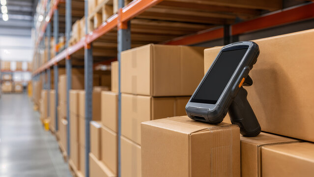Scanner logistique pos&eacute; sur des cartons en entrep&ocirc;t