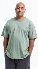 Obraz premium Casual asian man in green tee standing with hands in pockets on white background for lifestyle banner and portrait design