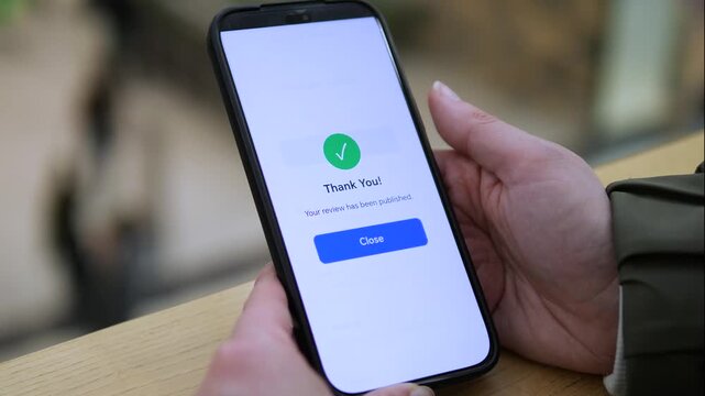Seamless digital interaction. Close-up of a mobile screen confirming a newly published review. Minimalist design for tech-driven services and fintech promos. Essential footage for illustrating