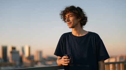 Fototapeta premium Young man standing on rooftop with a coffee mug at sunset overlooking urban skyline for lifestyle background and banner design