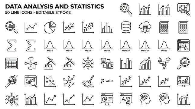 Comprehensive Collection of Twenty-One Professional Data Analysis and Business Statistics Vector Icons featuring Minimalist Thin Line Designs with Fully Editable Stroke Weight for Modern Web UI