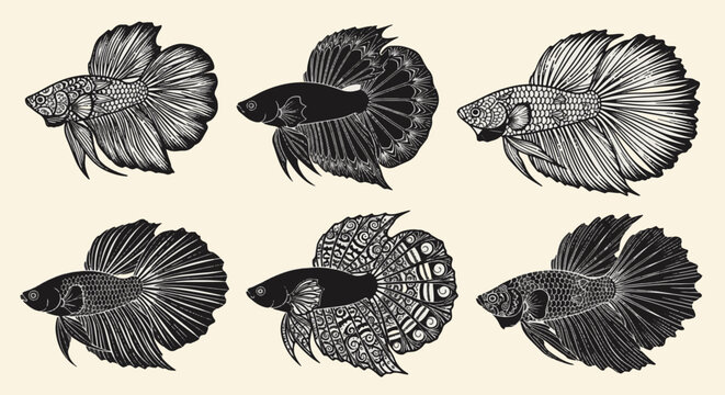 Collection of six black betta fish silhouettes with intricate tribal and mandala patterns on fins, Siamese fighting fish line art set isolated on a neutral cream background.