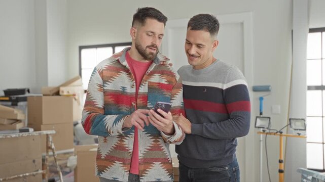 Two men examine a smartphone, one holding it while both pump fists and touch hands among packed boxes and work lights in a building; moving joy.
