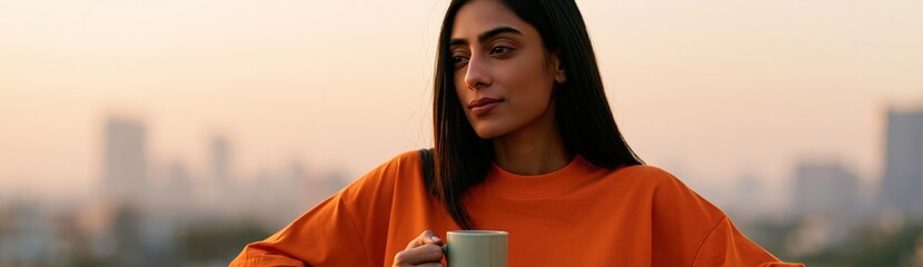 Fototapeta premium Young woman in orange sweater with a cup on a rooftop at sunset for portrait background banner and relaxed evening lifestyle design
