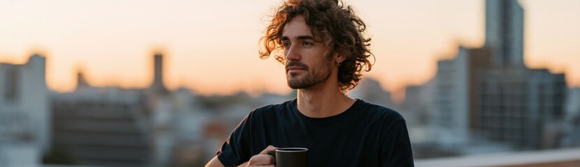 Fototapeta premium Man holding a coffee mug on a rooftop during golden hour with a distant city skyline background for lifestyle banner and website header use