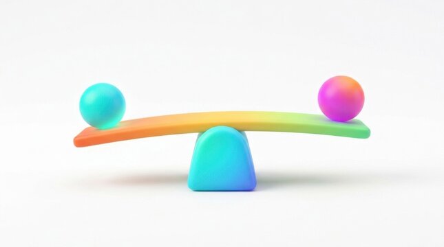 3D rendering of a colorful balance scale with two spheres