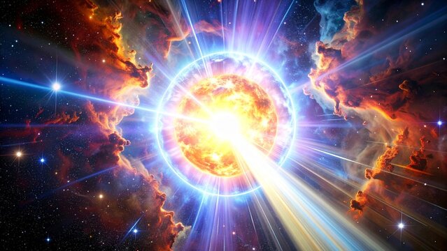 宇宙の深淵で激しく光を放つ超新星爆発のダイナミックな天体写真風背景
Dynamic supernova explosion in deep space, cosmic energy flare and glowing nebulae