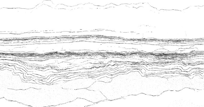 Abstract black and white layered geological strata contour lines with stippled texture
