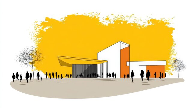 Modern Cultural Center Building with People, Outdoor Public Space, and Artistic Design