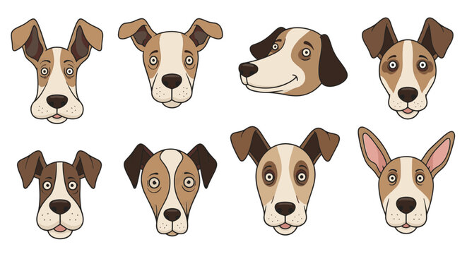 Set of eight humorous dog head illustrations with rough hand-drawn outlines and expressive facial features, featuring various canine breeds and personalities on white background.