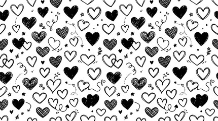 Fototapeta premium Sketch hearts pattern. Hand drawn valentines love heart ornament for wrapping paper, anniversary greeting cards, black ink romance hearts vector seamless background. romantic print wallpaper texture